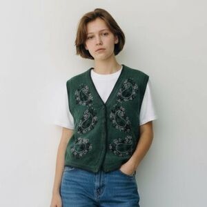 Vintage Christopher & Banks Hand Embroidered Forest Green Knit Vest